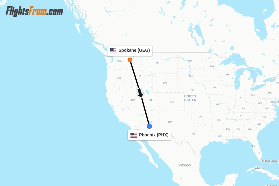 Flights from Spokane to Phoenix route map