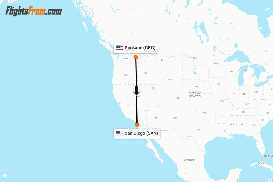 Flights from Spokane to San Diego route map