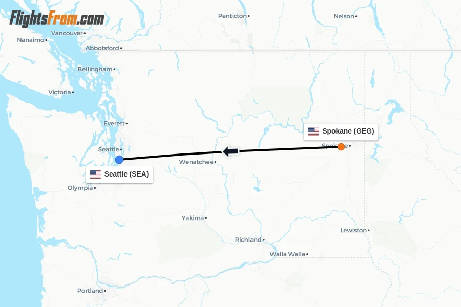 Flights from Spokane to Seattle route map