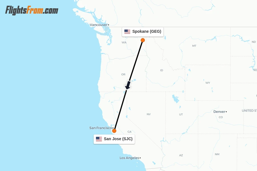 Flights from Spokane to San Jose route map