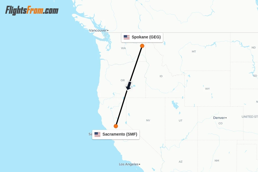 Flights from Spokane to Sacramento route map