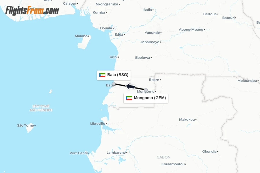 Flights from Mongomo to Bata route map