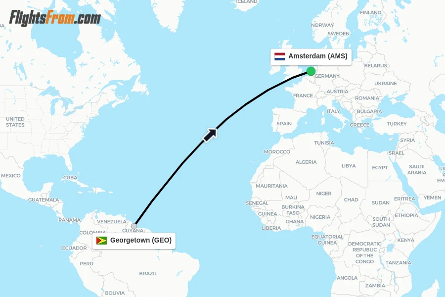 Flights from Georgetown to Amsterdam route map