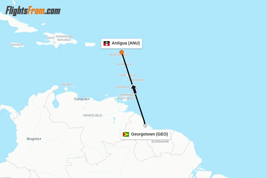 Flights from Georgetown to Antigua route map
