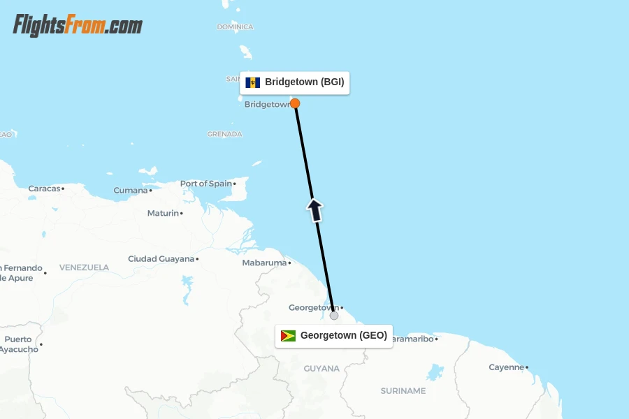 Flights from Georgetown to Bridgetown route map