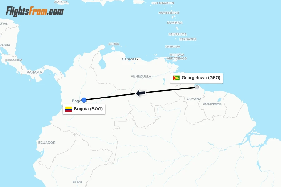 Flights from Georgetown to Bogota route map