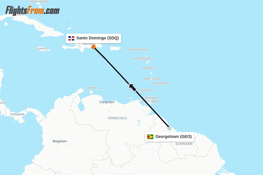 Flights from Georgetown to Santo Domingo route map