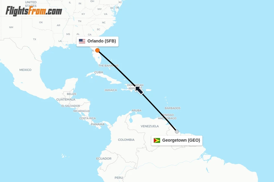 Flights from Georgetown to Orlando route map