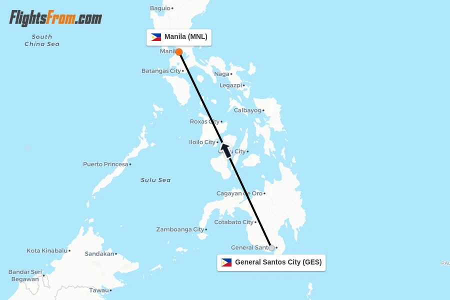 Flights from General Santos City to Manila route map