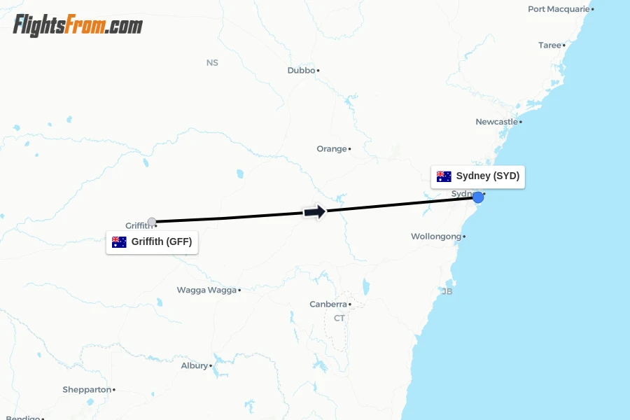 Flights from Griffith to Sydney route map