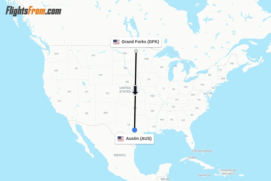 Flights from Grand Forks to Austin route map