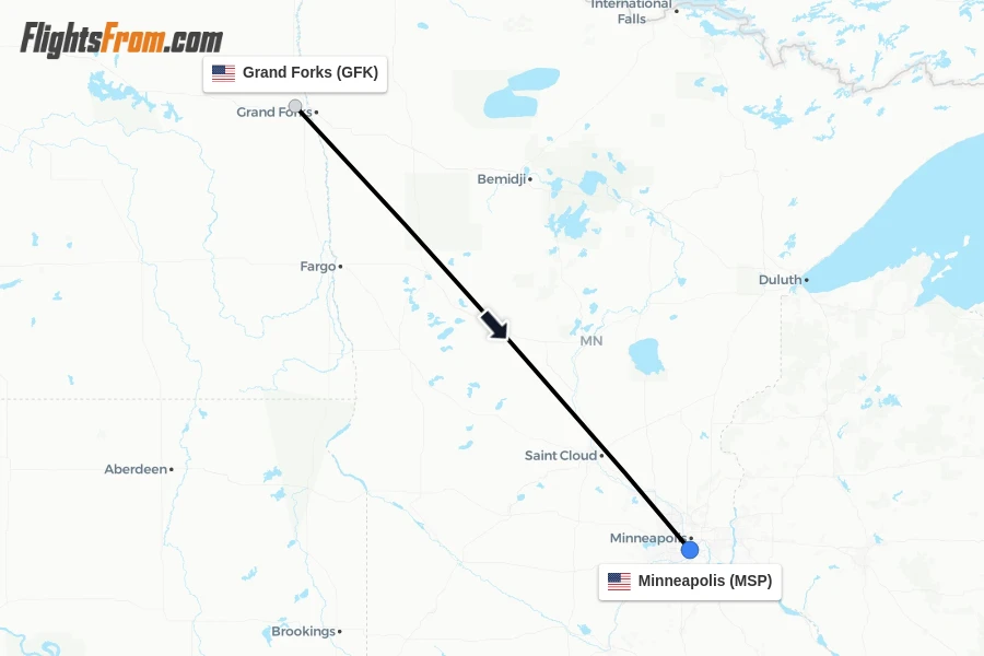 Flights from Grand Forks to Minneapolis route map
