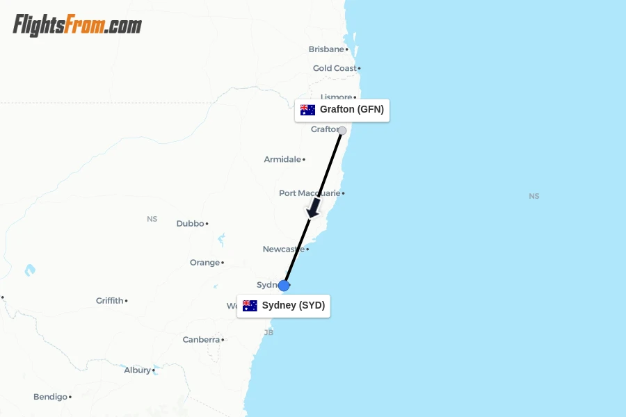 Flights from Grafton to Sydney route map