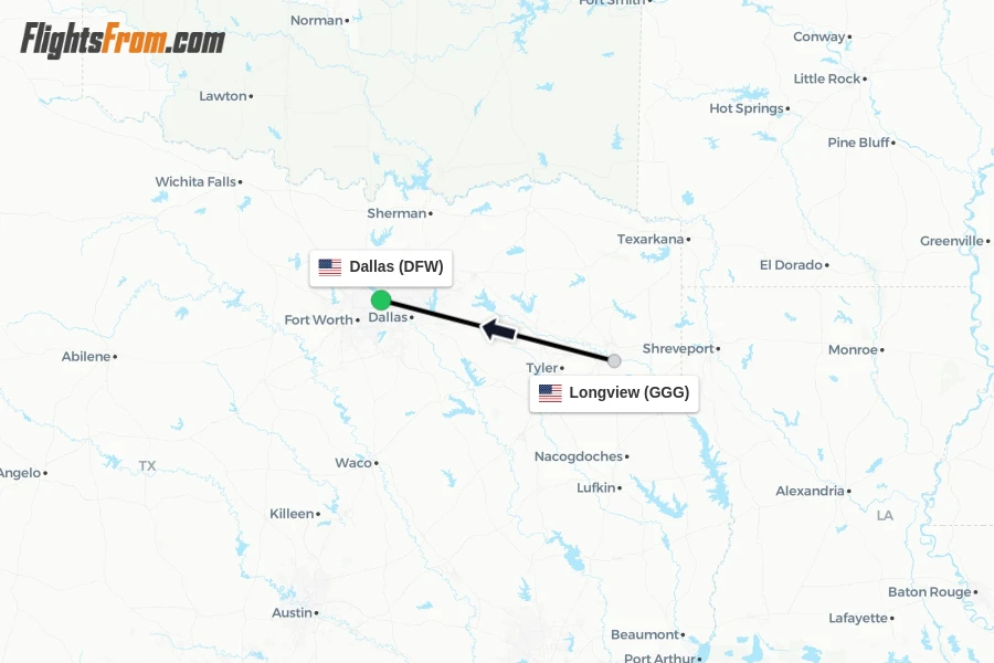 Flights from Longview to Dallas route map