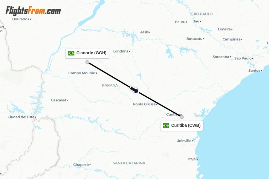 Flights from Cianorte to Curitiba route map
