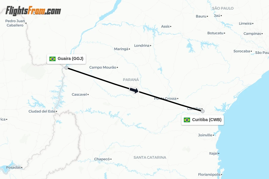 Flights from Guaira to Curitiba route map