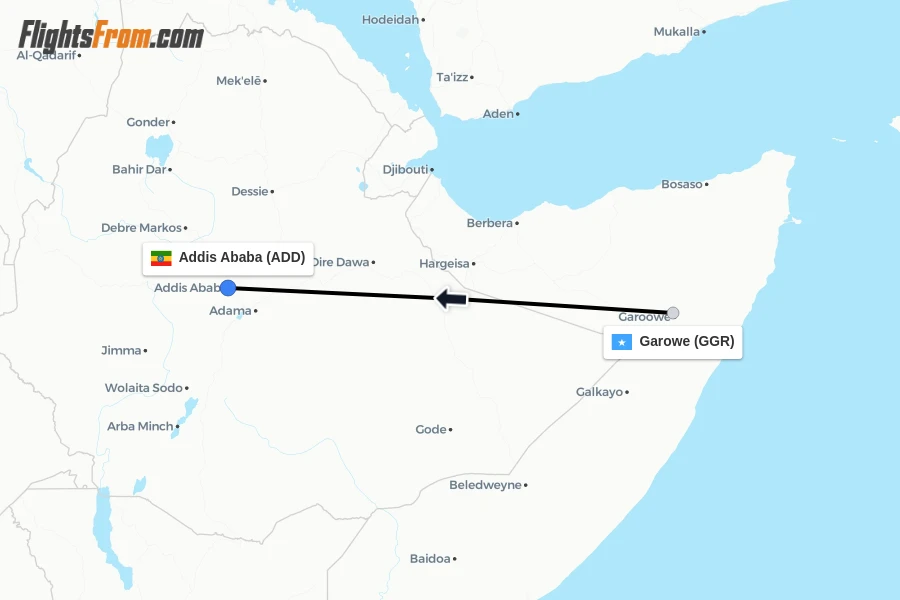 Flights from Garowe to Addis Ababa route map