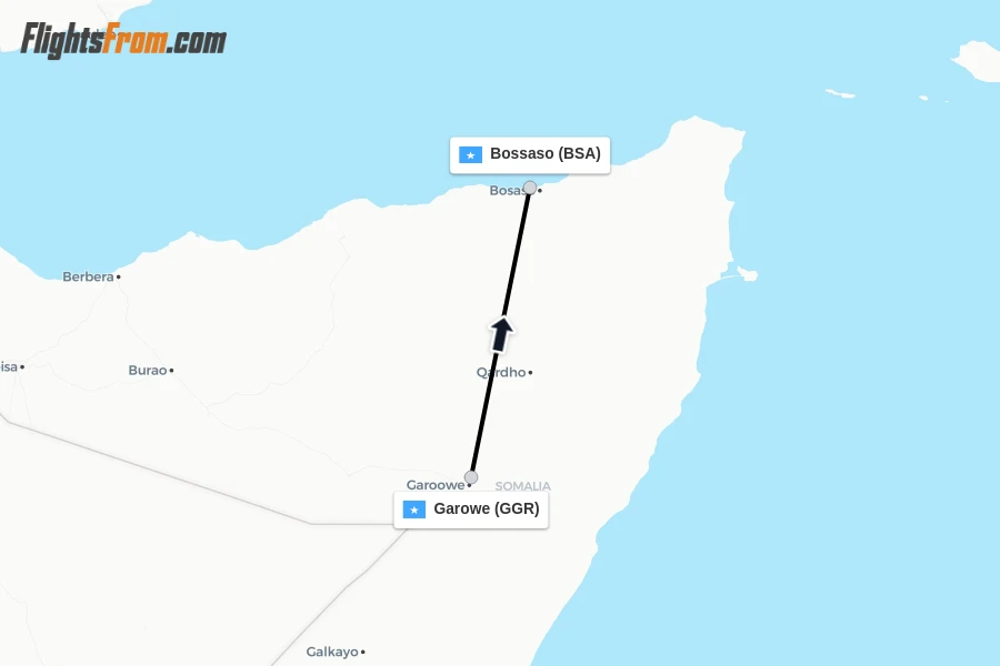 Flights from Garowe to Bossaso route map