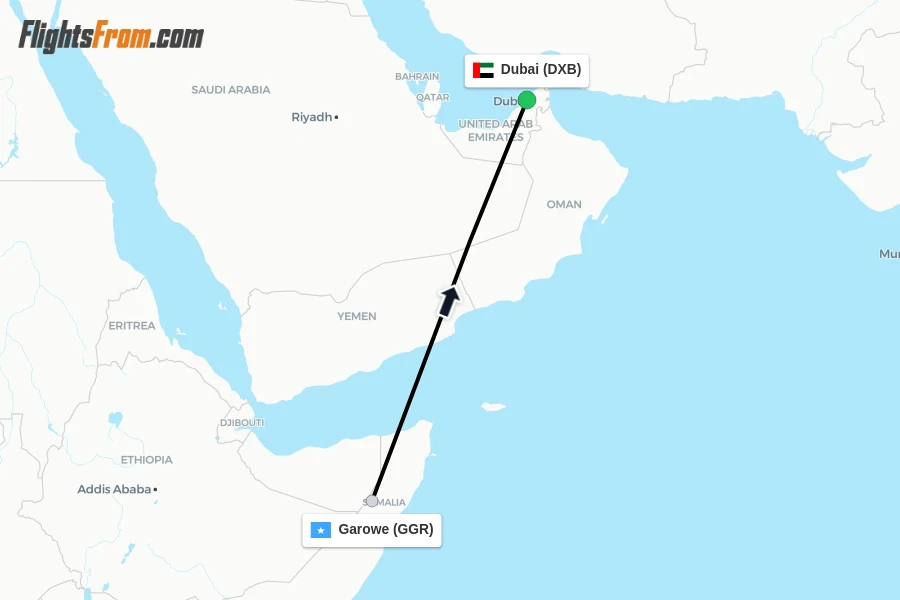 Flights from Garowe to Dubai route map