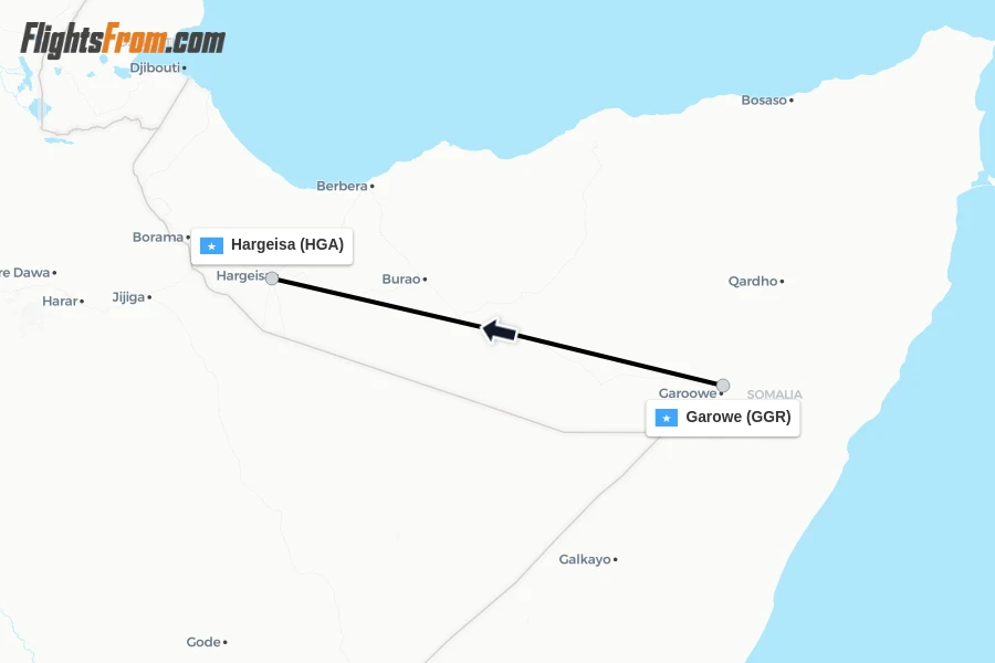 Flights from Garowe to Hargeisa route map
