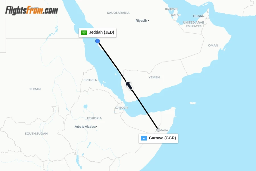 Flights from Garowe to Jeddah route map