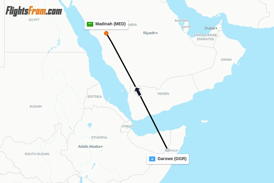 Flights from Garowe to Madinah route map