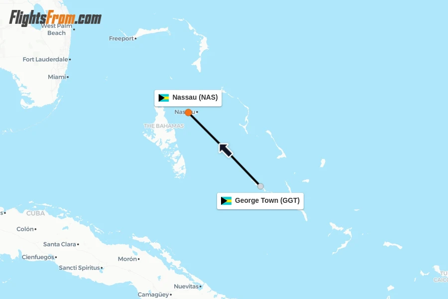 Flights from George Town to Nassau route map