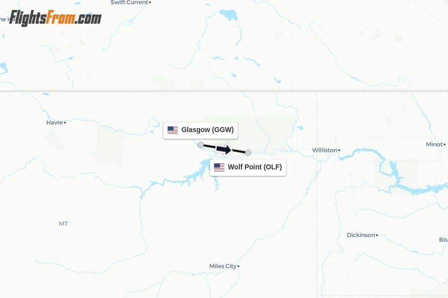 Flights from Glasgow to Wolf Point route map