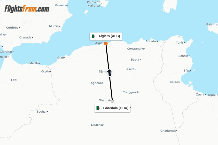 Flights from Ghardaia to Algiers route map
