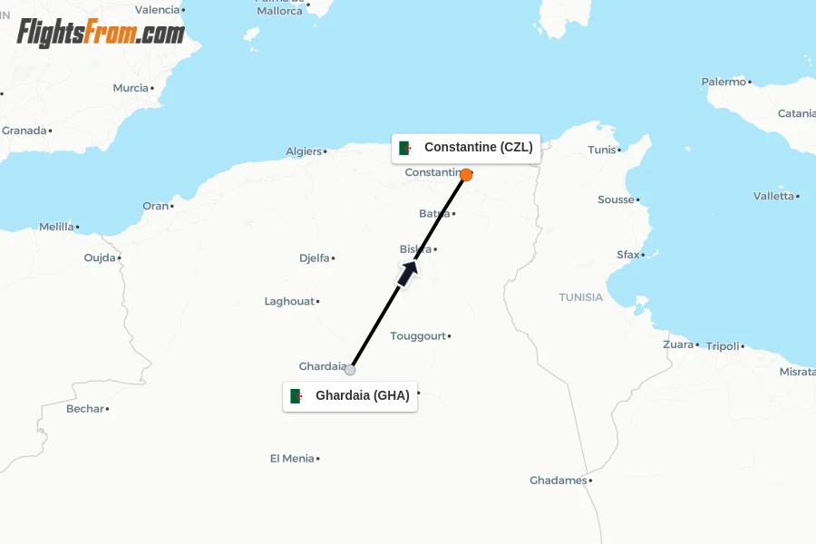 Flights from Ghardaia to Constantine route map