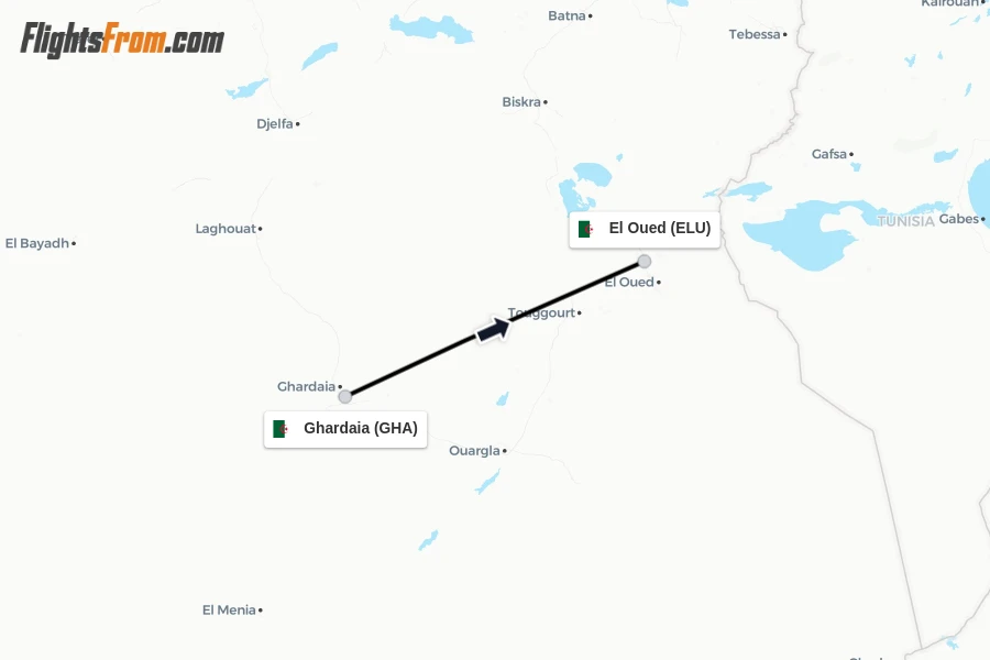 Flights from Ghardaia to El Oued route map