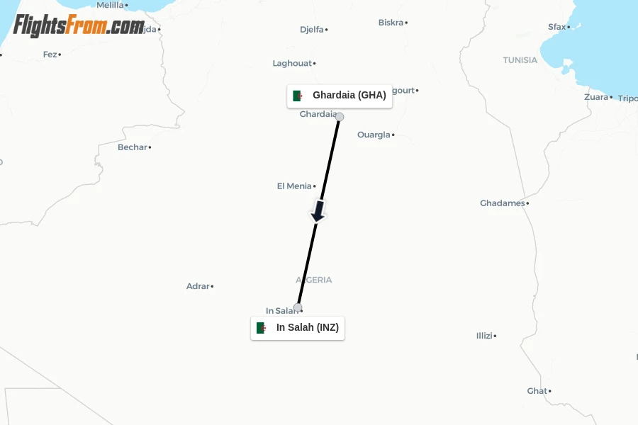 Flights from Ghardaia to In Salah route map