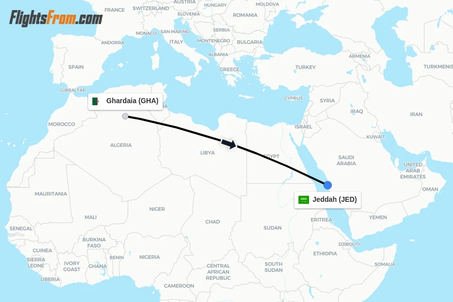 Flights from Ghardaia to Jeddah route map