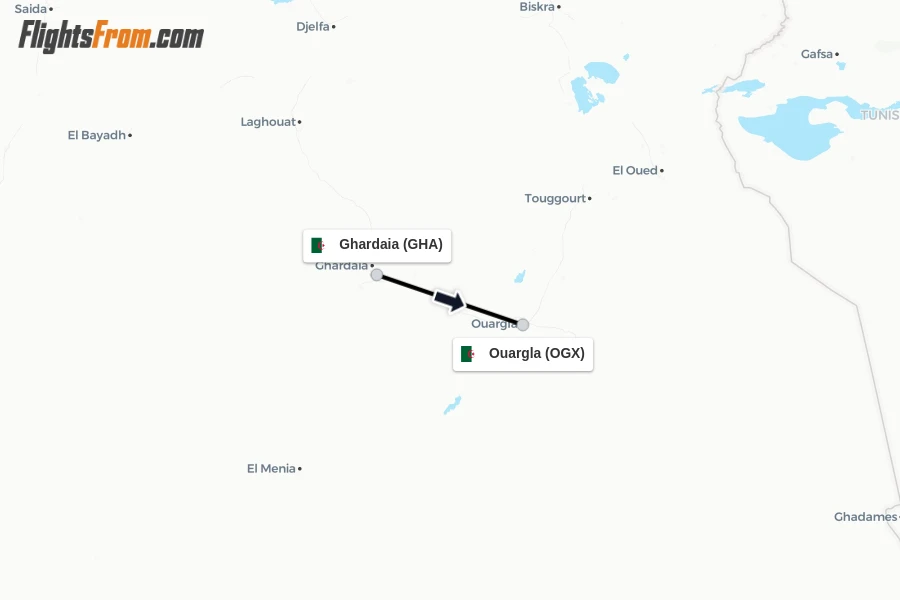 Flights from Ghardaia to Ouargla route map