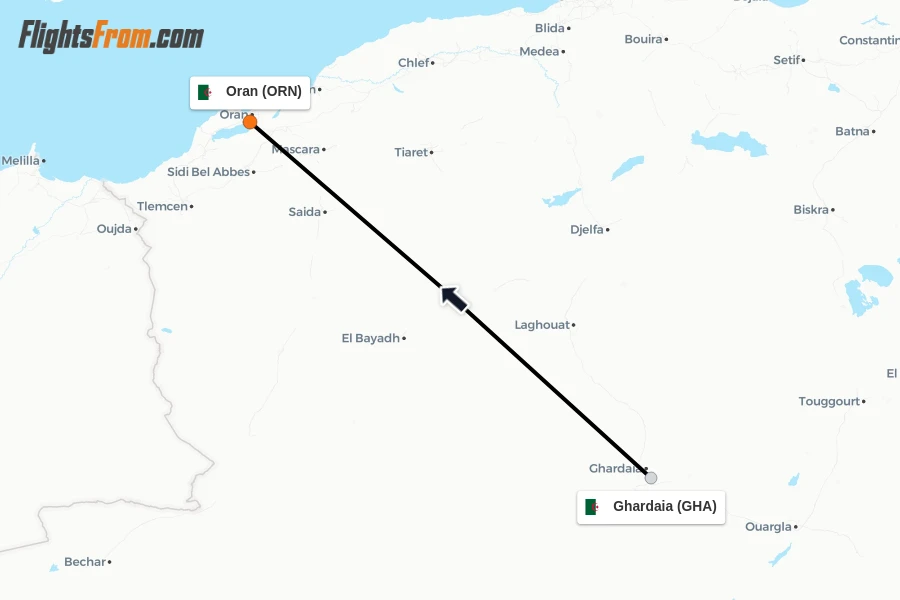 Flights from Ghardaia to Oran route map