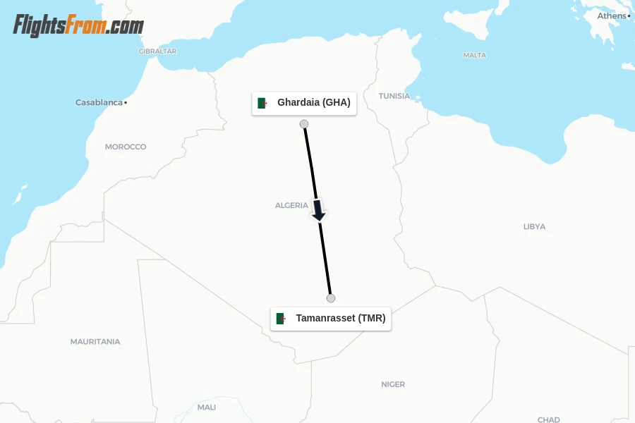 Flights from Ghardaia to Tamanrasset route map