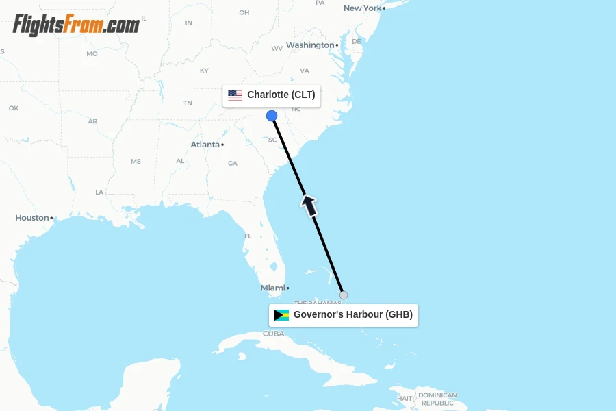 Flights from Governor's Harbour to Charlotte route map