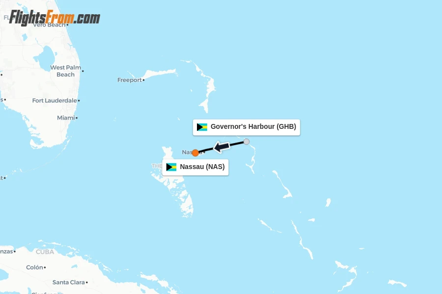Flights from Governor's Harbour to Nassau route map