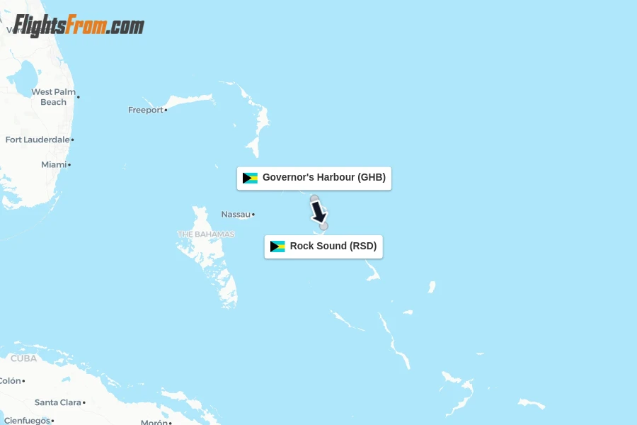 Flights from Governor's Harbour to Rock Sound route map