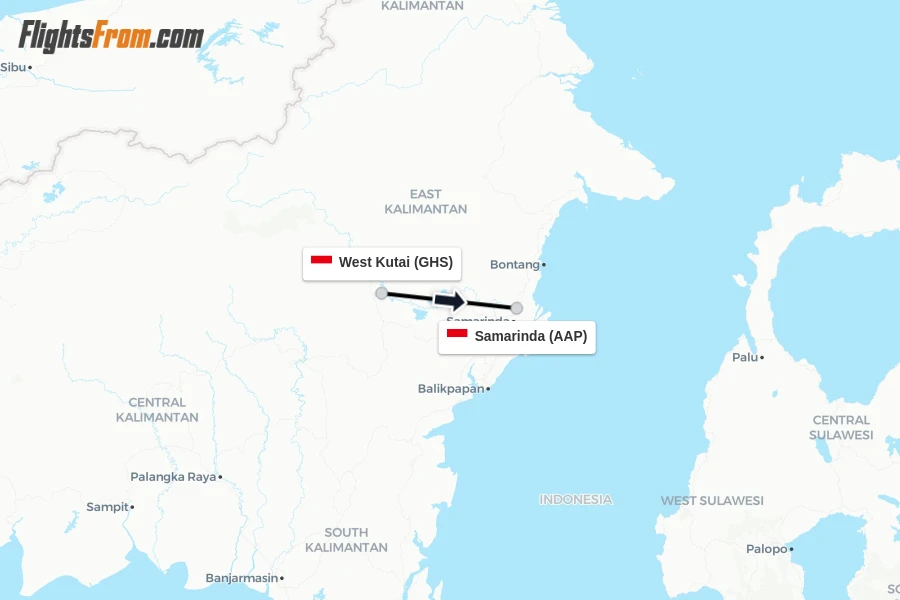 Flights from West Kutai to Samarinda route map