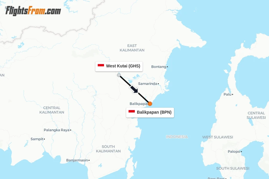 Flights from West Kutai to Balikpapan route map