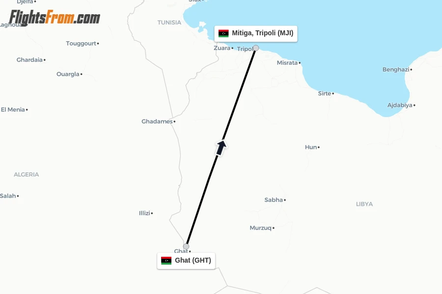 Flights from Ghat to Mitiga, Tripoli route map