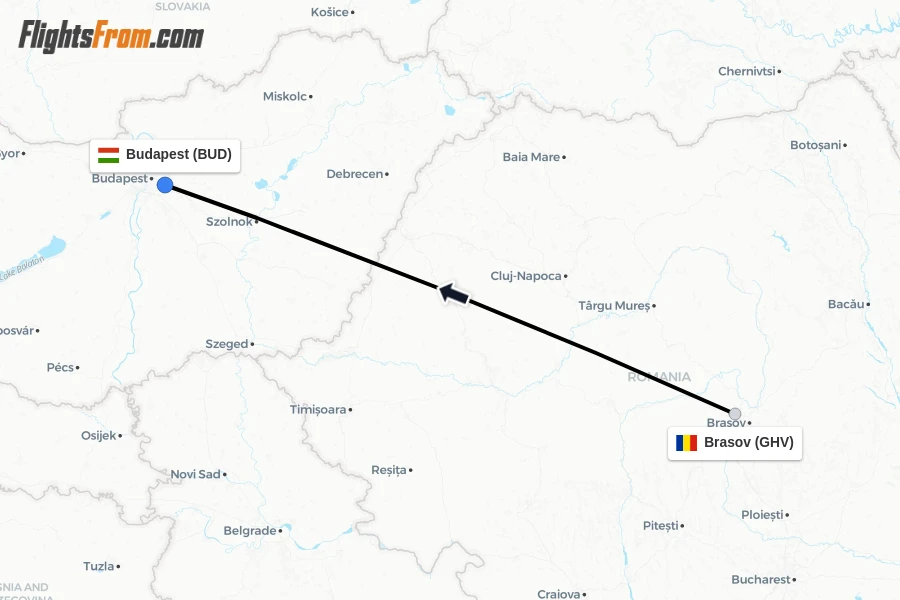 Flights from Brasov to Budapest route map