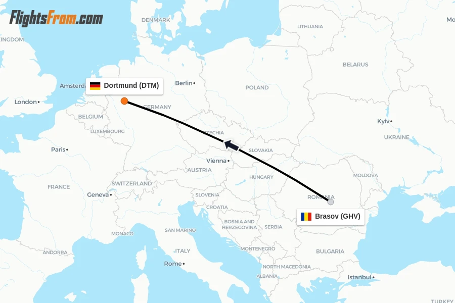Flights from Brasov to Dortmund route map