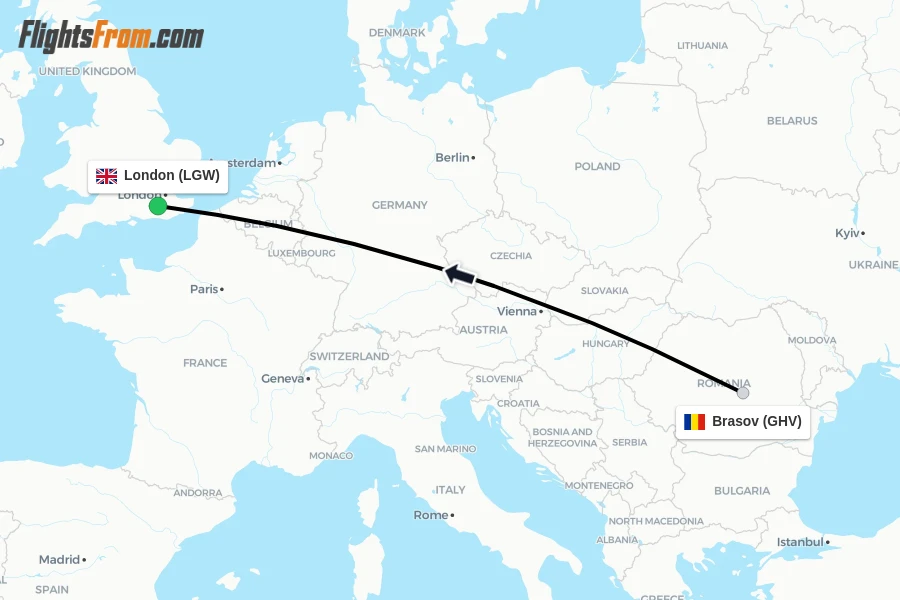 Flights from Brasov to London route map