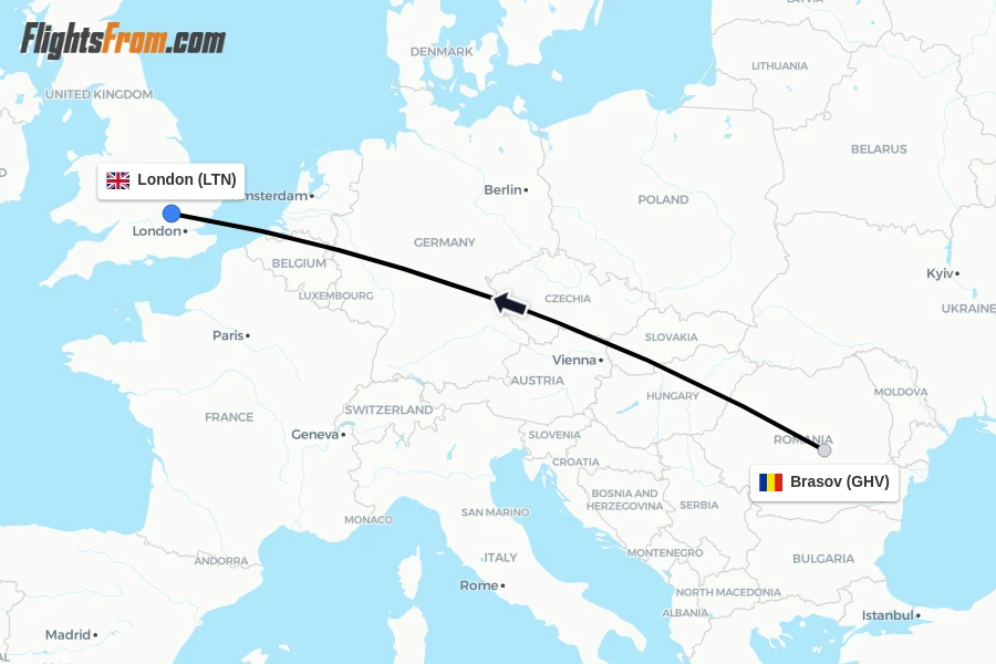 Flights from Brasov to London route map