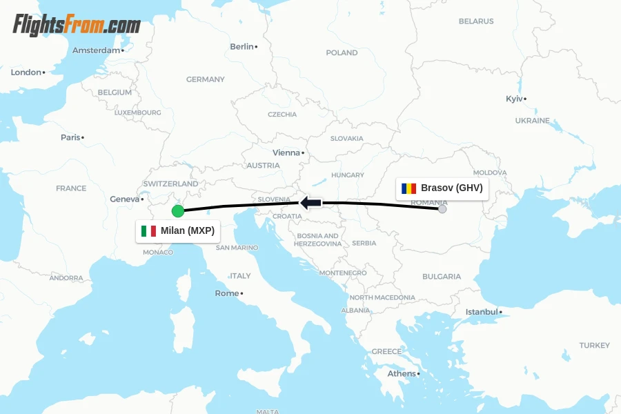 Flights from Brasov to Milan route map
