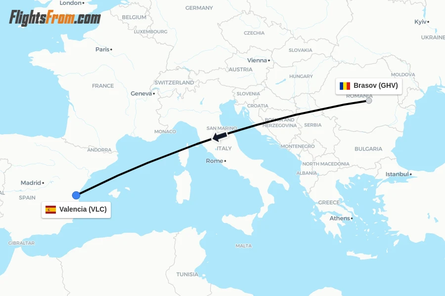 Flights from Brasov to Valencia route map