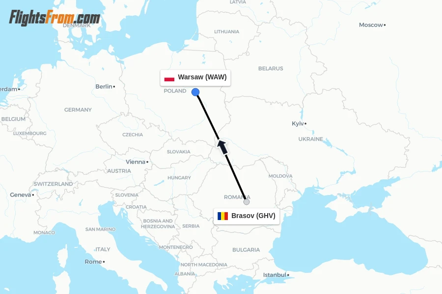 Flights from Brasov to Warsaw route map