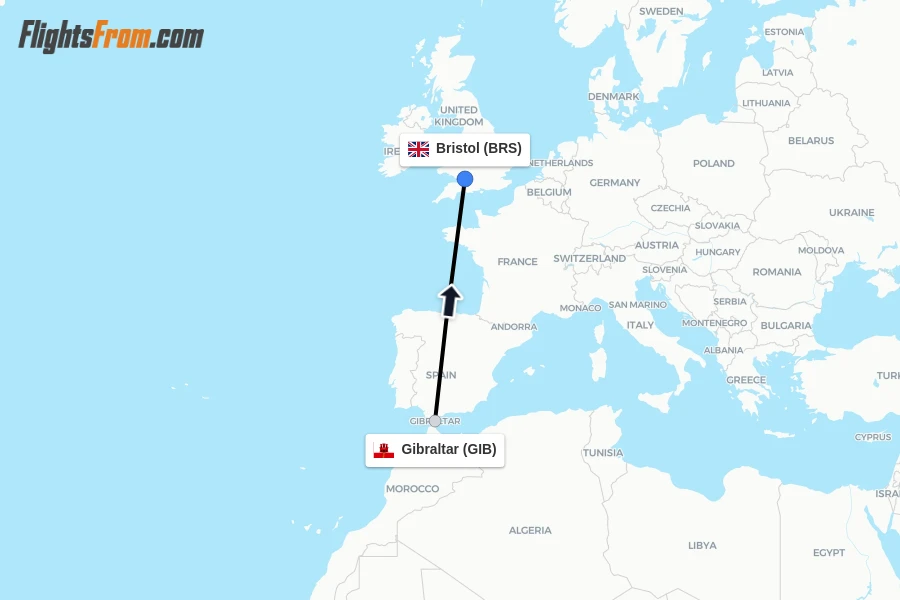 Flights from Gibraltar to Bristol route map